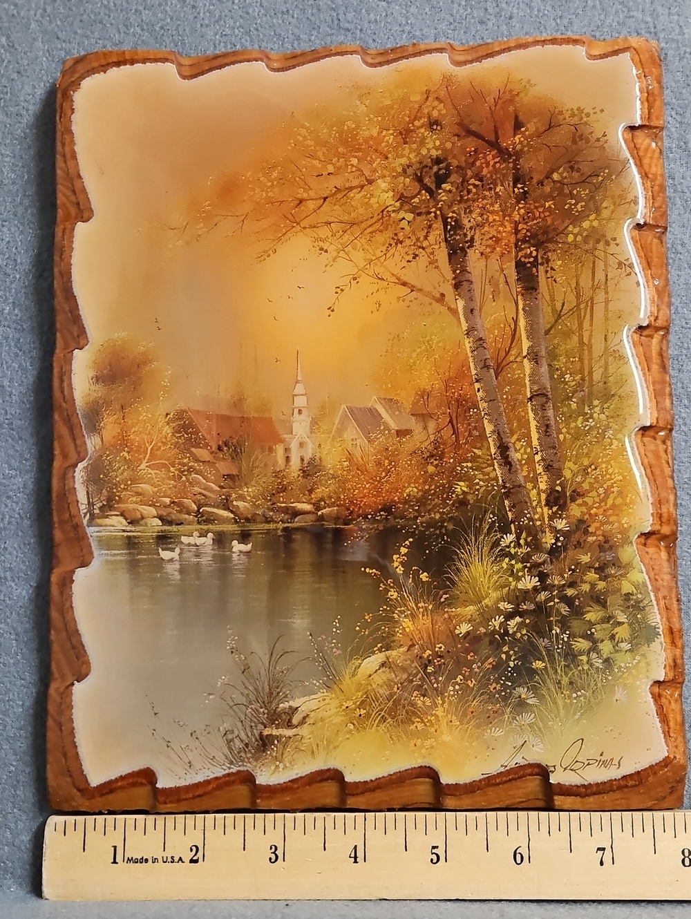 VTG Autumn Lake Scenic Wall Plaque Art Print in Warm Amber Tones Andres Orpinas